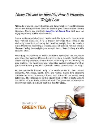 Green Tea and Its Benefits, How It Promotes Weight Loss
