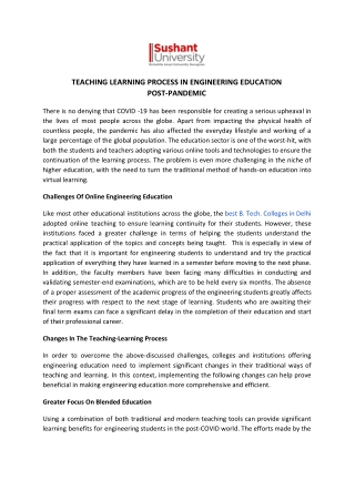 Teaching Learning Process In Engineering Education Post-pandemic | Sushant University