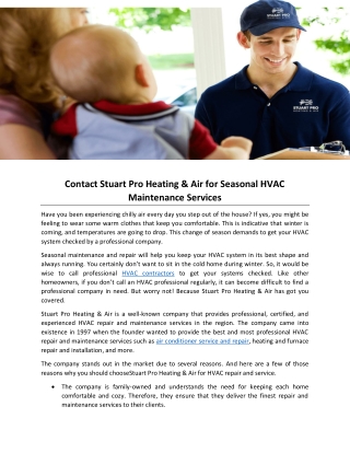 Contact Stuart Pro Heating & Air for Seasonal HVAC Maintenance Services