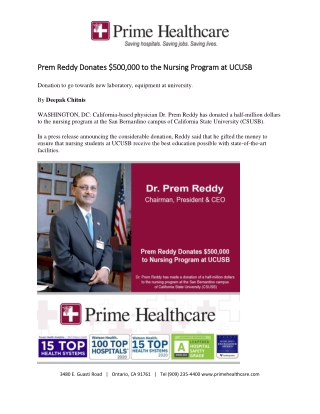 Prem Reddy Donates $500,000 to the Nursing Program at UCUSB