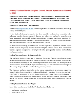 Poultry Vaccines Market Insights, Growth, Trends Dynamics and Growth by 2023