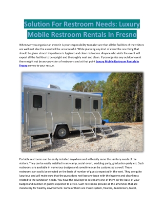 Solution For Restroom Needs: Luxury Mobile Restroom Rentals In Fresno