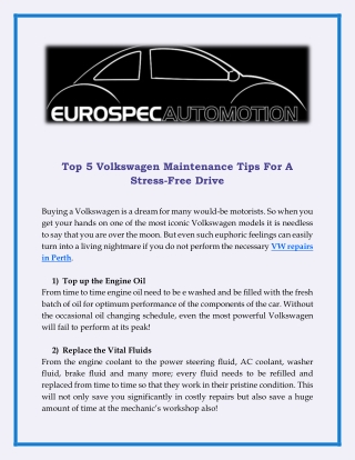 Top 5 Volkswagen Maintenance Tips For A Stress-Free Drive