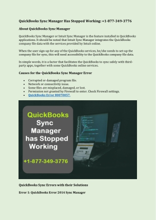 QuickBooks Sync Manager Has Stopped Working:  1-877-349-3776
