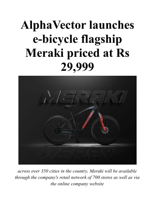 AlphaVector launches e-bicycle flagship Meraki priced at Rs 29,999