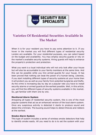 Varieties Of Residential Securities Available In The Market