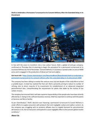 Shell to Undertake a Permanent Turnaround at its Convent Refinery After the Extended Delay in its Divestment