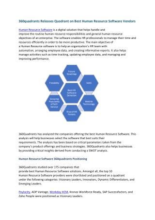 360quadrants Releases Quadrant on Best Human Resource Software Vendors