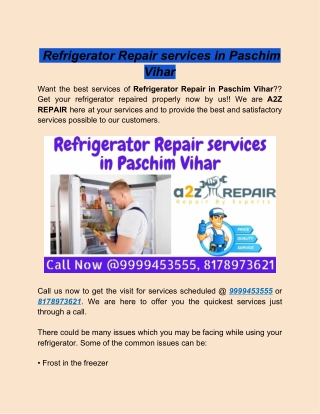 Best Refrigerator Repair Services in Paschim Vihar