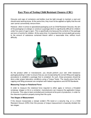 Easy Ways of Testing Child Resistant Closures (CRC)