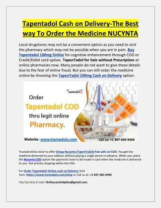 Tapentadol Cash on Delivery-The Best way To Order the Medicine NUCYNTA
