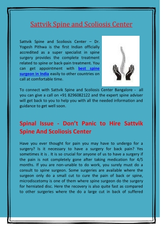 Sattvik Spine and Scoliosis Center in Bangalore - A better solution for spine problems