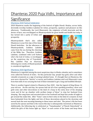 Dhanteras 2020 Puja Vidhi, Importance and Significance