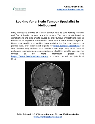 Looking for a Brian Tumour Specialist in Melbourne