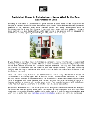 Individual House in Coimbatore – Know What Is the Best Apartment or Villa