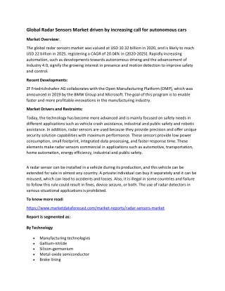 Radar Sensors Market Size and Growth Analysis Report 2020