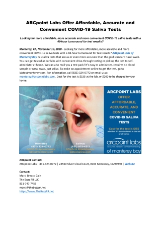 ARCpoint Labs Offer Affordable, Accurate and Convenient COVID-19 Saliva Tests