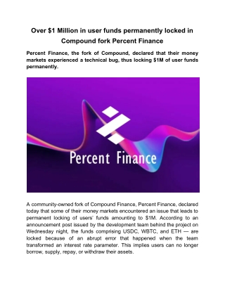 Over $1 Million in user funds permanently locked in Compound fork Percent Finance