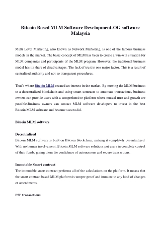 Bitcoin Based MLM Software Development-OG software Malaysia