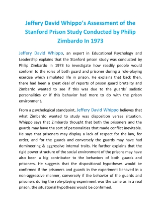 Jeffery David Whippo’s Assessment of the Stanford Prison Study Conducted by Philip Zimbardo In 1973