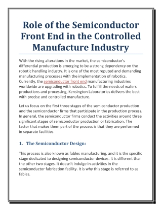 Role of the semiconductor front end in the controlled manufacture industry