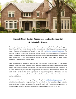 Frank G Neely Design Associates: Leading Residential Architects in Atlanta