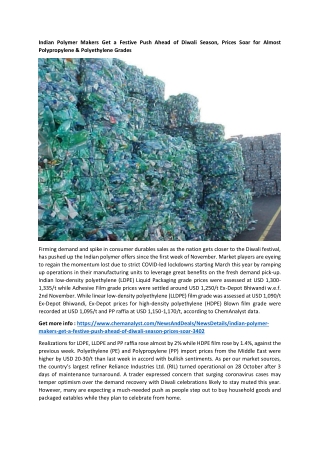 Indian Polymer Makers Get a Festive Push Ahead of Diwali Season, Prices Soar for Almost Polypropylene & Polyethylene Gra