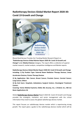 Radiotherapy Devices Global Market Report 2020-30: Covid 19 Growth and Change