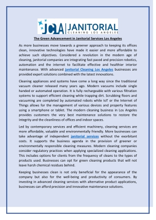 The Green Advancement in Janitorial Services Los Angeles