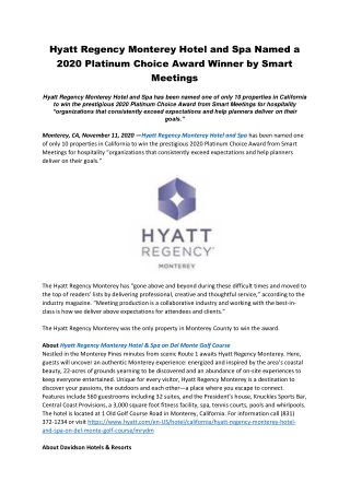 Hyatt Regency Monterey Hotel and Spa Named a 2020 Platinum Choice Award Winner by Smart Meetings