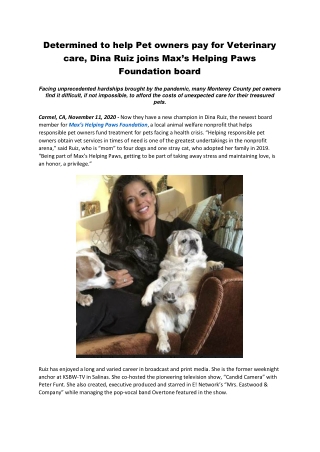 Determined to help Pet owners pay for Veterinary care, Dina Ruiz joins Max’s Helping Paws Foundation board