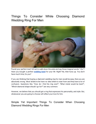 Things To Consider While Choosing Diamond Wedding Ring For Men