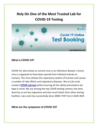 Rely On One Of The Most Trusted Lab For COVID-19 Testing