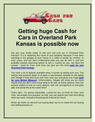 Getting huge Cash for Cars in Overland Park Kansas is possible now