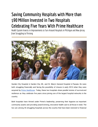 Saving Community Hospitals with More than $90 Million Invested in Two Hospitals Celebrating Five Years With Prime Health