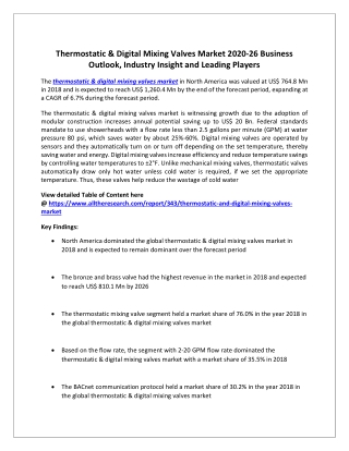 Thermostatic & Digital Mixing Valves Market 2020-26 Business Outlook, Industry Insight and Leading Players