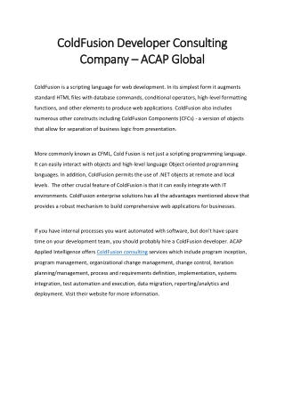 ColdFusion Developer Consulting Company – ACAP Global