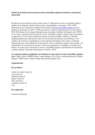 Análisis de la dinámica del mercado de aceites comestibles orgánicos Pronóstico y demanda de oferta-2030