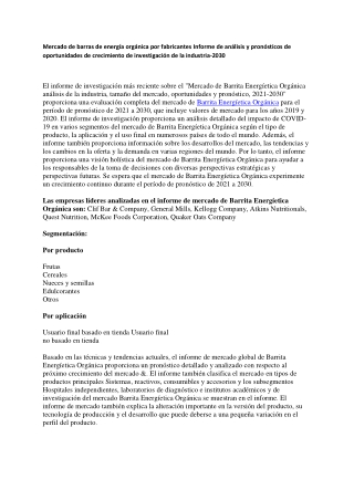 Mercado de barras de energía orgánica por fabricantes Informe de análisis y pronósticos de oportunidades de crecimiento