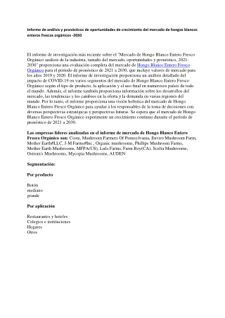 Informe de análisis y pronósticos de oportunidades de crecimiento del mercado de hongos blancos enteros frescos orgánico