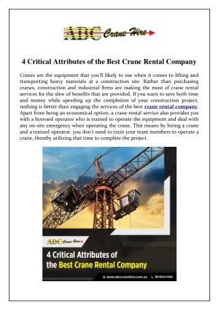 4 Critical Attributes of the Best Crane Rental Company