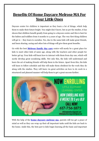 Benefits Of Home Daycare Melrose MA For Your Little Ones