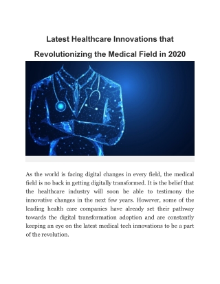 Latest Healthcare Innovations that Revolutionizing the Medical Field in 2020