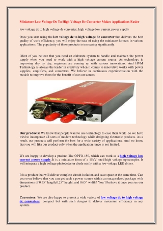 Miniature Low Voltage Dc To High Voltage Dc Converter Makes Applications Easier