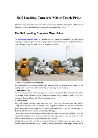 Self Loading Concrete Mixer Truck Price