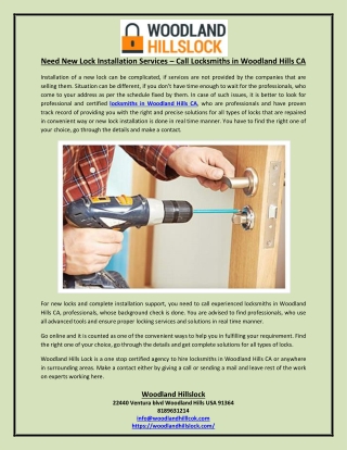 Need New Lock Installation Services – Call Locksmiths in Woodland Hills CA