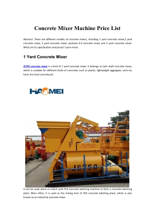 Concrete Mixer Machine Price List