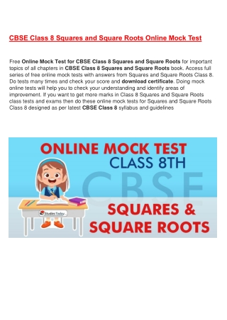 Online mock tests CBSE Class 8 Squares and Square Roots