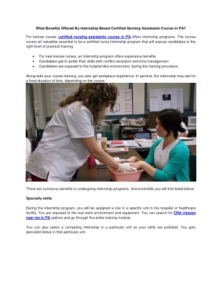 What Benefits Offered By Internship-Based Certified Nursing Assistants Course in PA