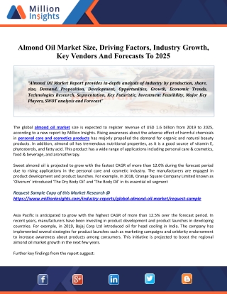 Almond Oil Market 2020 Global Industry Size, Share, Revenue, Business Growth, Demand And Applications To 2025